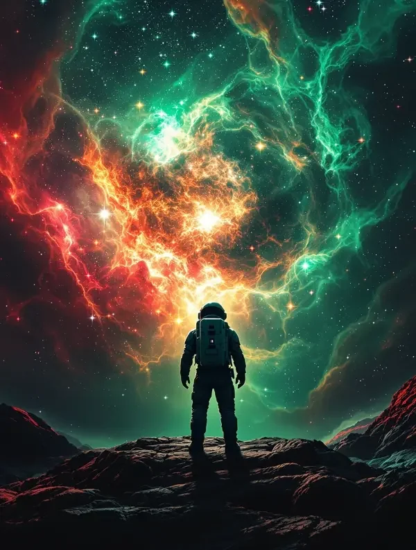 星际漫游者电影海报，宇航员与星云